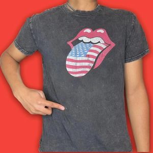 Vintage-Inspired Distressed Black Graphic Short Sleeve Tee - Flag Tongue Design